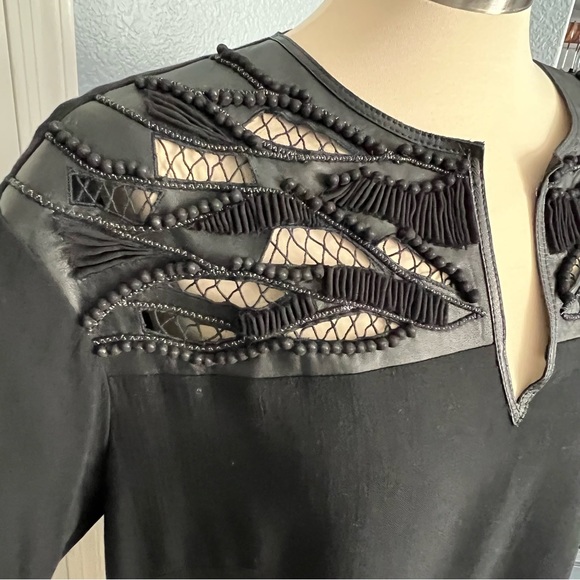 Lafayette 148 New York Black Tunic Top Woven Leather + Beading Details - Picture 5 of 12